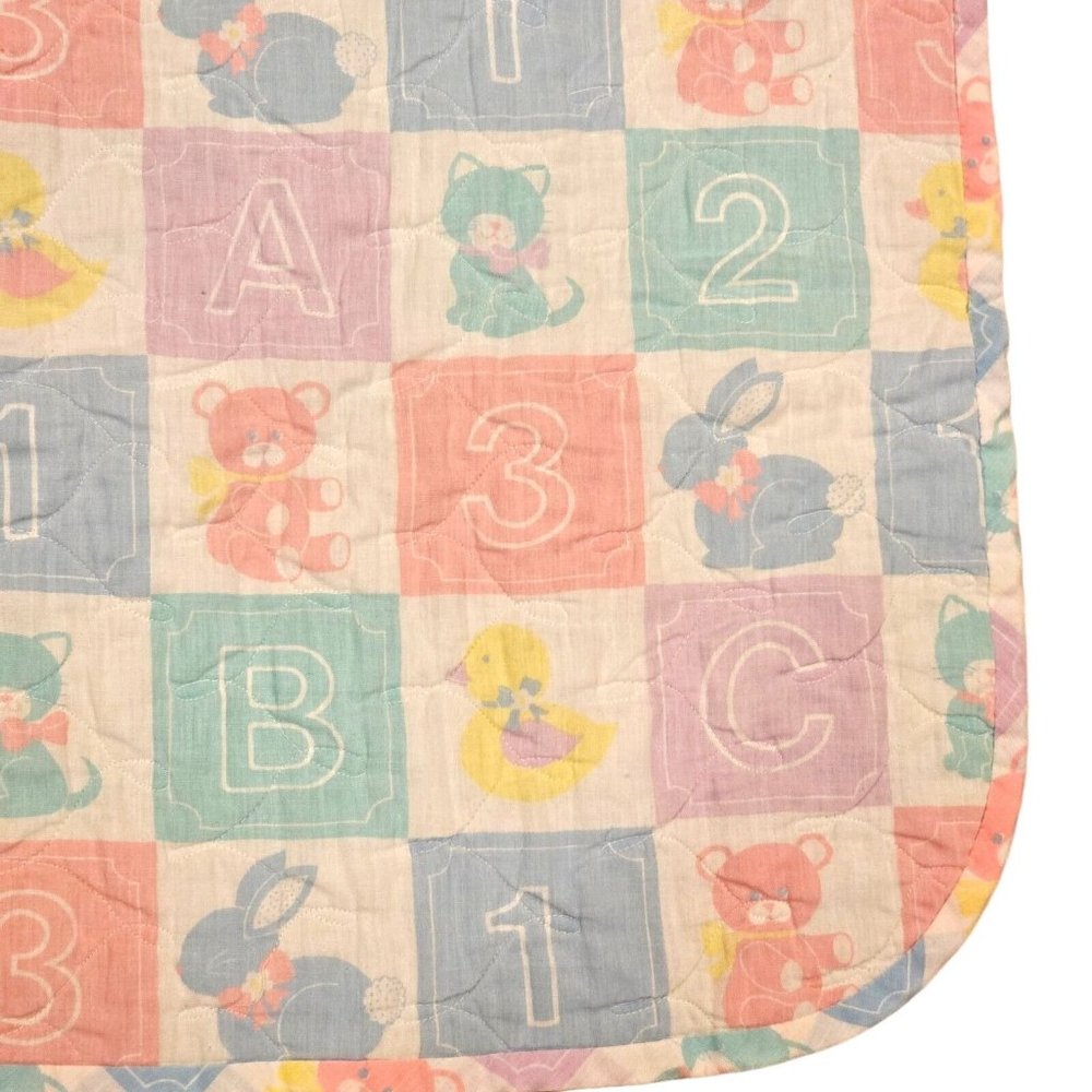 Vintage 80s Baby Quilt Pastel Blocks Number Letter 123 ABC Bear Bunny Duck Cat